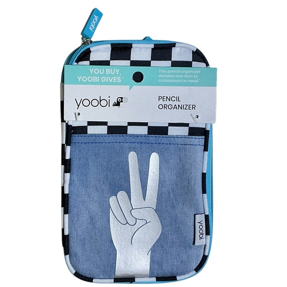 Yoobi Peace Sign Denim Checkerboard Organizer Pencil Case 7 Pocket Zip Around - Picture 5 of 15